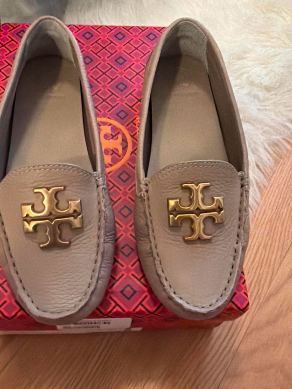 Tory Burch Taupe Leather Logo Driving Loafers - Picture 2 of 4